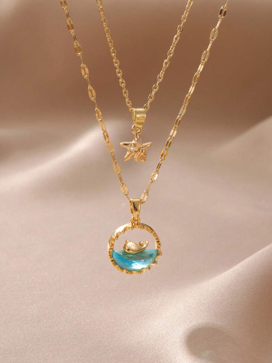 Bộ 2 dây chuyền chủ đề Đại dương, mặt dây chuyền hình cá heo và sao biển, unisex, thích hợp đeo hàng ngày hoặc trong những dịp đặc biệt. - Nhiều màu - Xem 1