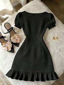 Vestido negro elegante y ajustado para mujer, estilizador, adecuado para citas, fiestas, cumpleaños, uso primavera/verano, ir al trabajo, casual, oficina, versátil, cuello cuadrado, manga corta, corte evasé, nueva moda 2026 - Blanco - Ver 10