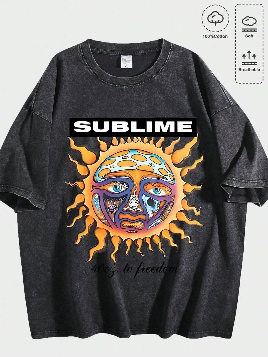 Camiseta lavada para hombre con temática de anime que presenta un atrevido estampado de personajes en blanco y negro con collar de cruz, tatuaje de araña y un estilo urbano vanguardista. Top de manga corta de algodón suave para uso diario en  y verano. - Lavado negro sucio - Ver 1