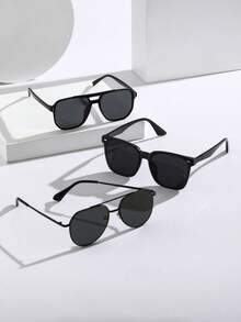 3 Pairs Men's Plastic & Metal Mixed Geometric Solid Color Classic Elegant Casual Basic Fashion Glasses, Suitable For Driving, Fishing, Camping, Beach, Outings And More - 3pcs Black Gray - View 4