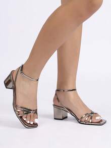 Women's Square Toe Sandals, Chunky Heel Open Toe One-Strap Fashion Minimalist Versatile Elegant High Heel Shoes For Vacation - Grey - View 3