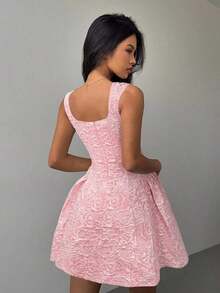 Vestido elegante de longitud media con estampado de jacquard para mujer en verano - Rosa - Ver 3