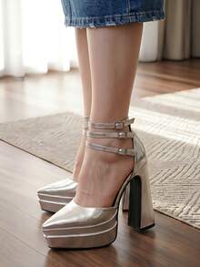 6 Inches Chunky Platform Heels For Women Block High Heels Ankle Buckle Sandals Pumps - Silver - View 1