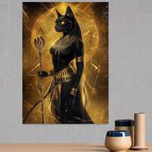 1 Pieza de Arte de Pared de Gato Bastet Egipcio - Impermeable, Diosa de los Gatos del Antiguo Egipto, Impresión en Lienzo 2D Sin Marco para Decoración de Hogar, Oficina, Cafetería - Regalo Estético de Deidad Egipcia Adecuado para Dormitorio, Cocina, Aula - - Enmarcado - Ver 3