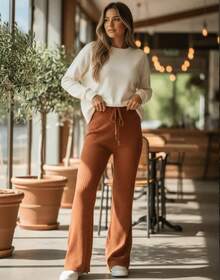 Women's Straight Cut Knitted Modal Pantaloon Trousers - Lạc đà - Xem 1