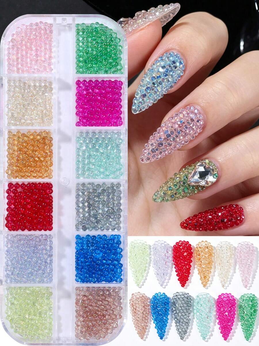 12 Grades Conjunto de Contas de Resina Bolha Iridescente AB de Cores Mistas, Contas Redondas Transparentes para Arte de Unhas, Encantos de Unhas Gota de Água Arco-Íris de Verão, Gemas de Unhas Brilhantes para Unhas Acrílicas DIY, Suprimentos de Manicure para Salão de Unhas Atacado - Multicolorido - Visão 1