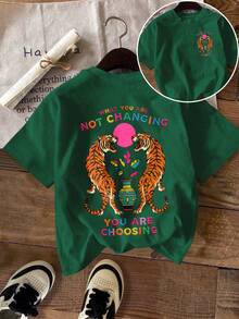 “你拥有魔法”图案T恤 - 虎纹印花T恤，超现实主义风格女式T恤，波西米亚风女式图案上衣（饰有女巫和“眼睛”图案），可爱图案女式T恤，夏季女式上衣，短款图案T恤（婴儿T恤），女式上衣，短袖上衣，图案上衣，最新女装时尚，休闲新品 - 墨綠色 - 查看 4