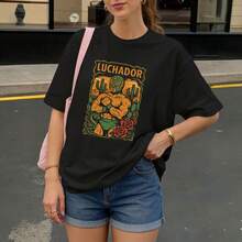 Camiseta Negra Luchador con Estampado de Luchador y Cactus para Uso Diario - Negro - Ver 3