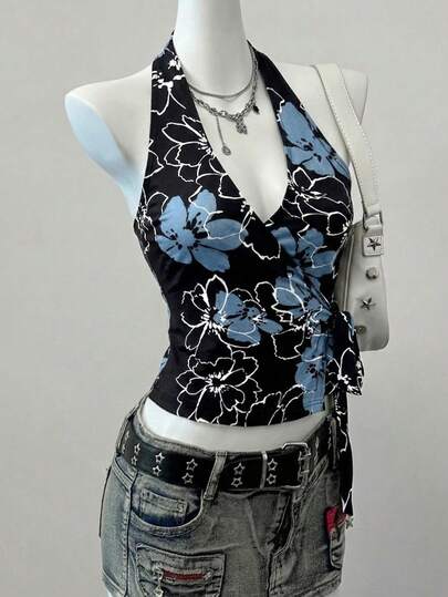 女士Y2K印花露脐吊带短款上衣 - 黑蓝配色，裹身式前襟，侧边系带设计，修身夏季款
