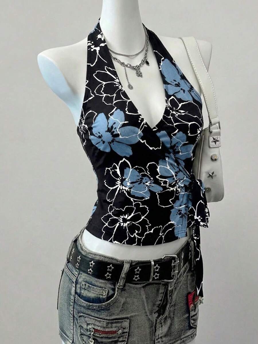 Women's Y2K Floral Halter Crop Top - Black & Blue, Wrap Front, Tie Side Detail, Slim Fit Summer - Multicolor - View 1