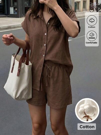 Look Polly Women's Summer Cotton Solid Color 2-Piece Set, Collared Short Sleeve Shirt With Drawstring Shorts, Casual Commute & Vacation Outfit