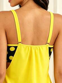 Women's Casual Polka Dot Tank Top And Boyshorts Bikini Set, Scoop Neck High Stretch Swimsuit For Beach - Màu vàng - Xem 5