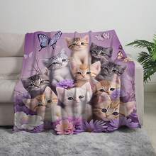1pc Cute Cat Theme Digital Print Blanket, Cozy Throw Blanket For Cat Movie Watching, Christmas Animal Cat Design Warm Nap Blanket, Gift For Family And Friends - Lavender - View 4