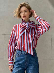 女士春夏优雅休闲蝴蝶结领撞色条纹衬衫 - 紅藍色 - 查看 3