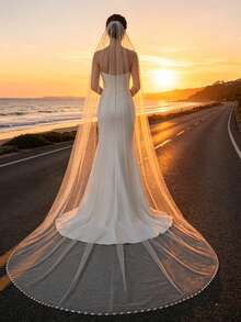 1pc Sparkling Beaded Bridal Veil, Long Trailing Style, Suitable For Beach/Church Wedding, Wedding Veil - Multicolor - View 3