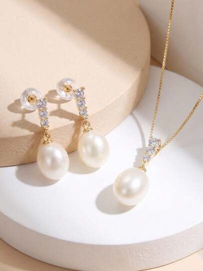 AETOLIA 1 Set Elegant 925 Sterling Silver Premium Natural Pearl Necklace And Earrings Set With Sparkling Cubic Zirconia Stylish Jewelry Suitable For Women To Wear For Dating/Wedding/Engagement/Anniversary/Valentine's Day