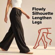 Black Textured Wide Leg Casual Pants, Drawstring Waist, Loose Fit, Suitable For Work And Shopping Spring - Black - View 3