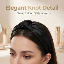 1PCPleated Knotted Wide - Edge Headband, Fabric - Edged, Beige/Black, For Daily Makeup & Outfits - Multicolor - View 3