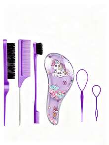 3/6-Piece Makeup Brush Set, Featuring Various Adorable Unicorn Combs To Choose From, Flip-Forward Styling Tools, Hair Band Scissors, Edge Brushes, Bristle Brushes, Teasing Combs. Suitable For Grooming, Styling And Cleaning. Suitable For Salon Use (In Pink And Purple) - Multicolor - View 11