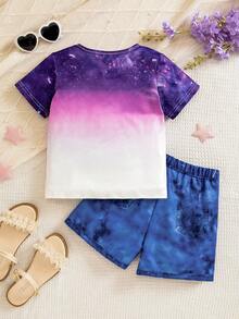 Conjunto de 2 piezas estiloso de degradado púrpura para niñas jóvenes, con parte superior estampada de dibujos animados y shorts estampados, adecuado para actividades diarias, escuela, salidas de fin de semana, fiestas, festivales de música y sesiones de fotos en primavera/verano - Morado - Ver 3