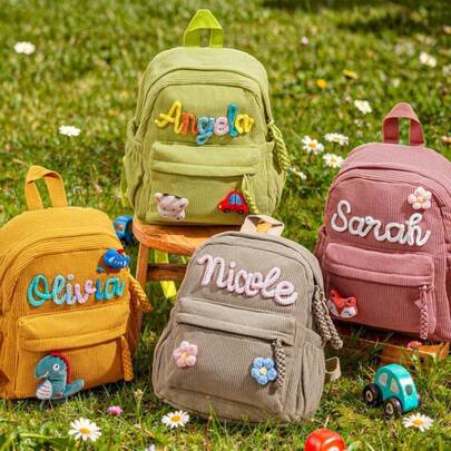 1pc Personalized Toddler Backpack, Corduroy Backpack With Baby's Name, Pink Fashion Cute School Bag, Handmade Embroidered Corduroy Backpack, Suitable For School And Daycare, Creative Unique Cute Backpack, Back To School/Birthday/Holiday Customized Gift, Outdoor Backpack