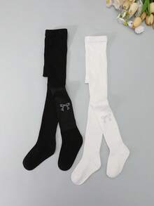 2pcs Girls' Butterfly Rhinestone Solid Vertical Striped Tights, Sweet & Cute, Suitable For Girls' Daily Wear - Black and White - View 5