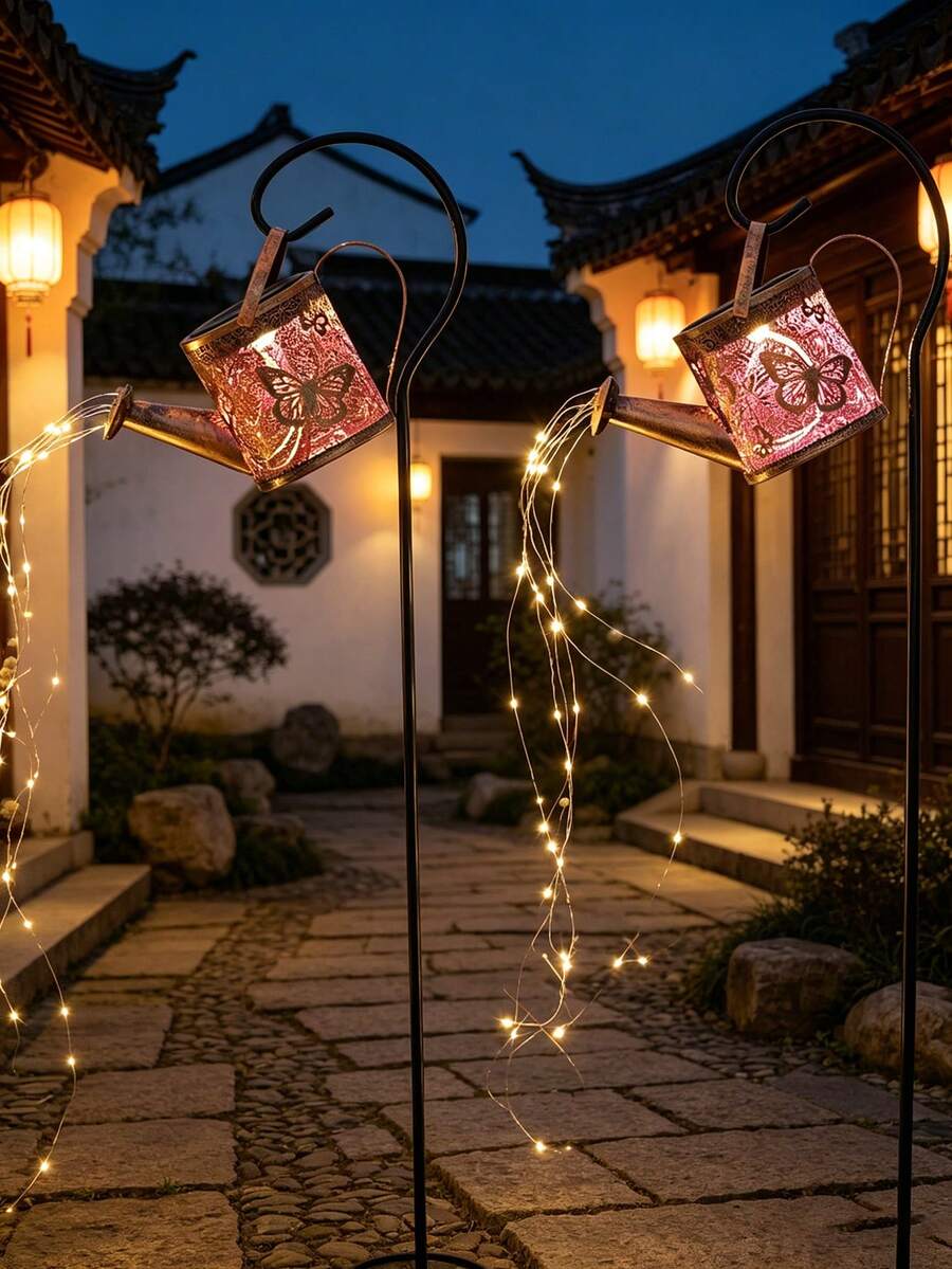 1pc Outdoor Solar Powered Butterfly/Dragonfly Watering Can Lamp, Creative Iron Watering Can Sprinkler Ground Stake Light, Decor For Yard, Lawn, Patio, Suitable For Various Holidays, Birthday, Mother's Day Gifts - Multicolor - View 1