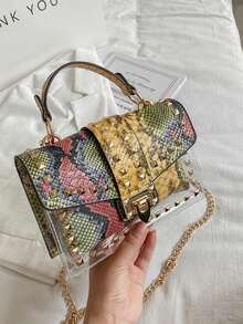 Fashion Graffiti Rivet Decor Handbag - Green - View 12