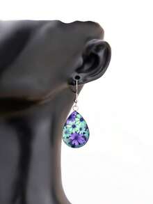 1 Pair Vintage Purple & Green Daisy Cluster Pattern With 316 Stainless Steel Water Drop Ear Hooks, Romantic & Cute Style Suitable For Women's Daily Wear And Gift Jewelry Earrings - Violet Purple - View 4