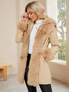 Giolshon Women's PU Jacket With Faux Fur And Belt - Perfect For Autumn/Winter, Stylish And Suitable For Daily Commute Or Work After Fastening The Belt - Khaki - View 4