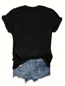 100% cotton Camisa de manga corta estampada con letras y patrón de concha para damas - Negro - Ver 2