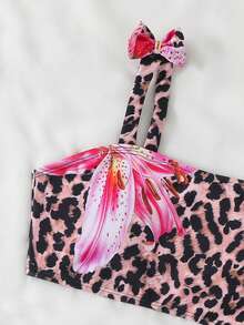 Bộ đồ bơi 2 mảnh cho bé gái tuổi teen, chất liệu vải dệt kim họa tiết da báo, thiết kế nơ, thời trang và kín đáo, phù hợp cho mùa hè, đi biển và bơi lội. - Nhiều màu - Xem 5