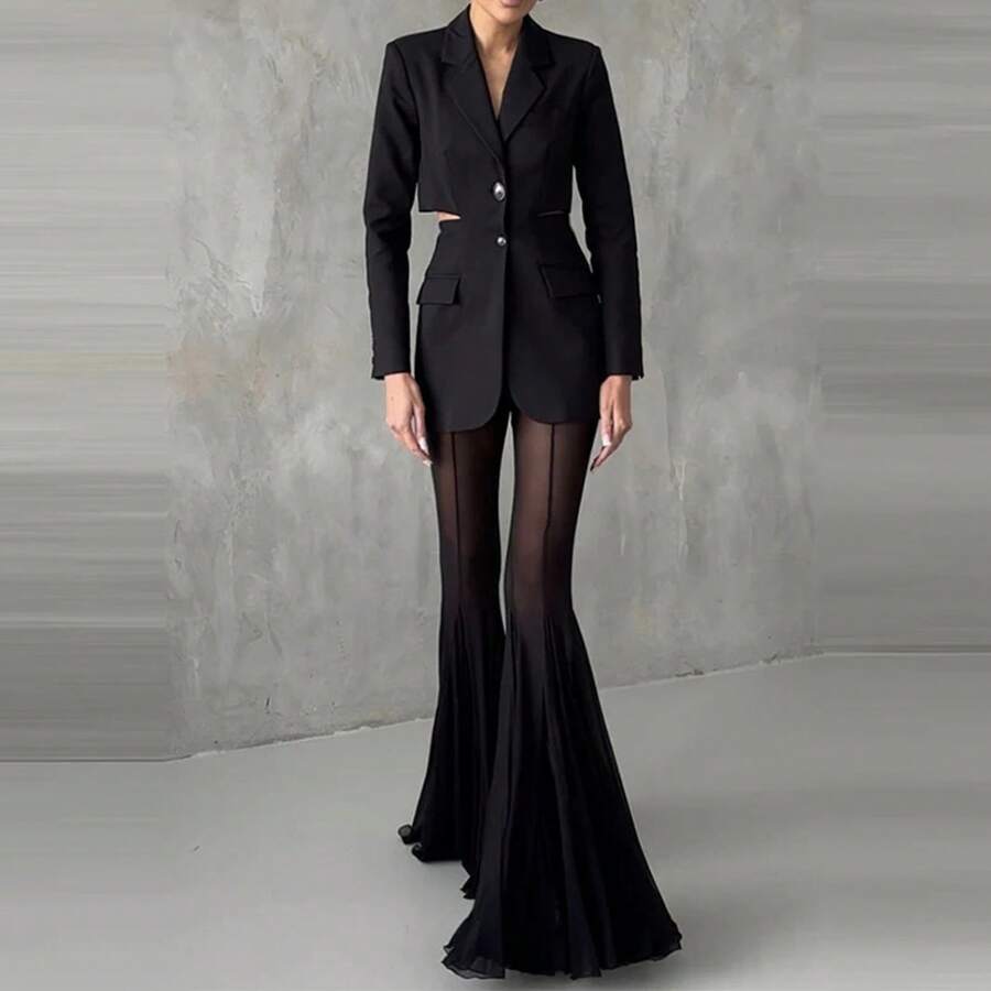 Pantalones rectos ajustados de cintura alta elegantes, pantalones acampanados de malla transparentes sexis para Mujer, pantalones largos lisos de verano para Mujer - 01 Negro - Ver 1