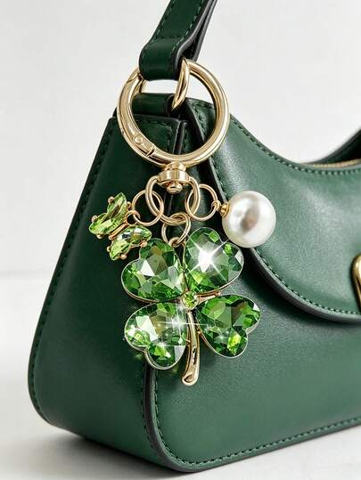 Elegant Rhinestone Inlaid Heart-Shaped Grass Shaped Keychain With Pearl Pendant And Butterfly Diamond Pendant, Fashionable Car Key Accessories And Women's Gifts, Perfect For Bag And Wallet Decoration, Fashionable Keychain | Rhinestone Decoration | Durable Keychain, Keychain Accessories, Mother's Day Gift, Teacher's Day Gift, Valentine's Day Gift, Holiday Party Holiday Gift