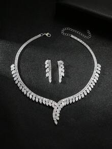 3pcs Luxury Rhinestone Single-Sided Necklace & Earrings Jewelry Set, Suitable For Bride Wedding, Daily Commute, Party, Vacation, Elegant Versatile High-End Accessories - Silver - View 3