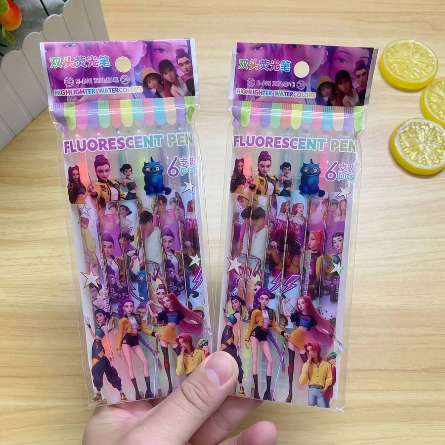 DOBBLE 6pcs K-Pop D Emon Hunting Girl Group Fluorescent Double-Headed Marker Pen, Cartoon Pen, Demon Hunting Girl Group Writing Gift, High-Value Back To School/Birthday/Holiday Gift [Random Delivery] - Multicolor - View 1