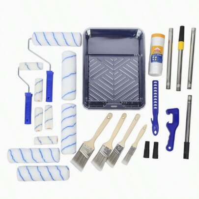 Paint Roller Set With Handle - Quick & Easy DIY Room Makeover, Includes Anti-Leak Tray, 2 Precision Edging Tools, 3 Blue Handles, Roller And Tray - Perfect For Smooth Wall Paint, Wall Painting Tool Kit