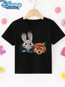 Disney 1pc Teen Boys Zootopia Judy And Nick Tear Out Print Short Sleeve Tshirt Boys Clothes Kids Clothes Boys Shirts Summer - màu đen - Xem 2