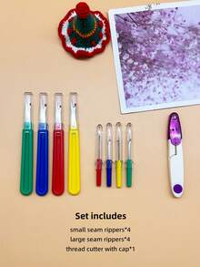 9pcs Seam Ripper Set, Includes 4 Large Colorful Seam Rippers, 4 Small Seam Rippers, And 1 Purple Safety Scissors With Protective Cover, Precise For Removing Excess Threads And Old Stitches On Knitting, Embroidery, And Fabrics - Thread Puller Kit - View 1