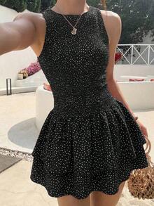 Vestido corto de ajuste ceñido sin mangas con estampado de cuadros azules y cinturón, estilo francés dulce para vacaciones de verano - Negro - Ver 7