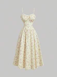 MOD Vestido de tirantes de mujer con estampado floral romántico amarillo, cuello en V y decoración de encaje plisado en el busto - Amarillo - Ver 5