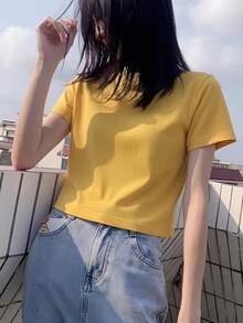 Short Sleeve T-Shirt, Solid Color, New Summer Style, Slim Fit, Versatile Round Neck Top Casual - Yellow - View 2