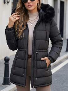 Women's Puffer Jacket With Faux Fur Lining For Winter With Hood - màu đen - Xem 2