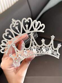1pc Large Size Girl's Crown Hair Clip, Rhinestone Hair Fork Suitable For Birthday Party, Festival, Wedding Decoration - Silver - View 3