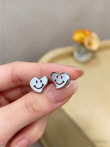 1 Đôi bông tai thời trang tối giản hình mặt cười và trái tim rỗng bằng bạc, trang sức thép không gỉ, quà tặng đôi unisex, bông tai phong cách tối giản hàng ngày. - Bạc - Xem 13
