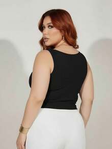 Cropped Plus Size Feminino Decote Tule Transparente Manga Curta Confortável Elegante Casual - Preto - Visão 2