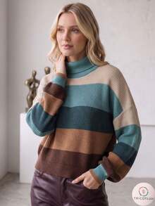 Women's Striped Knit Turtleneck Blouse, Elegant Ribbed Knit, Winter Fashion - 棕色/米色/綠色/沙色 - 查看 7