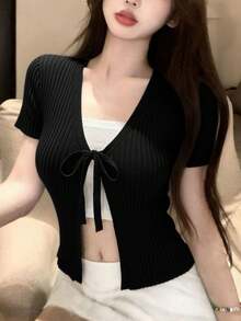 Áo khoác cardigan dệt kim cổ chữ V thắt nơ mới, thiết kế độc đáo, dáng ôm, tay ngắn, thích hợp cho mùa xuân/hè. - màu đen - Xem 3