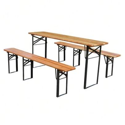 Foldable Beer Garden Set 177 Cm, 3-Piece: 1 Folding Table + 2 Beer Benches, Weatherproof Solid Pine, Space-Saving, Beer Garden Set