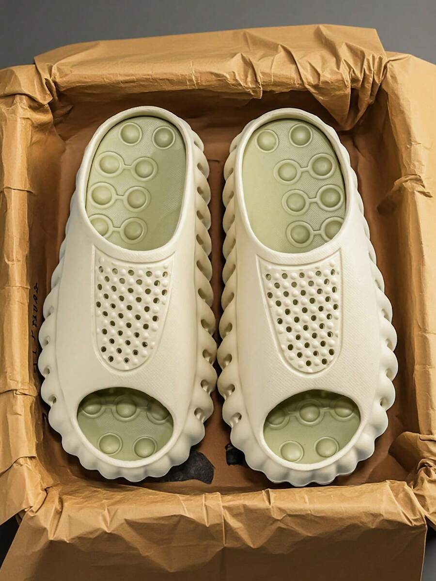 Men's Minimalist Olive Green Hollow Out Slippers, Non-Slip Wear-Resistant Waterproof, Comfortable Breathable Soft Sole, Summer Bathroom Daily Casual Sandals - Olive Green - View 1